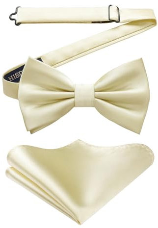 HISDERN Vorgebundene Fliege für Herren Einfarbige Verstellbare Smoking-Fliege Hochzeit Champagner Fliege mit Einstecktuch Set