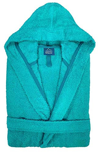 Alpes Blanc - Peignoir de bain mixte à capuche 100% coton éponge bouclette 450g/m² - Absorbant, doux et confortable – Ceinture et poches