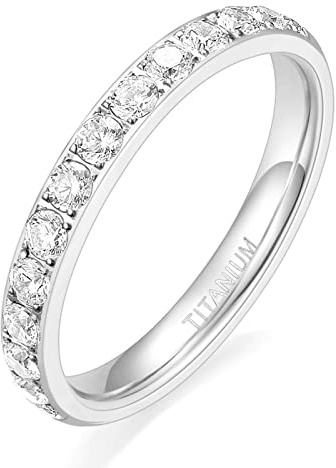 TIGRADE 3mm Women Titanium Engagement Ring Half Cubic Zirconia Eternity Wedding Band Size 3-13, Silver, Size 7