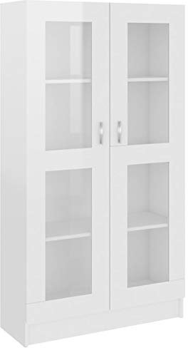 Tidyard Vitrinenschrank Bücherschrank Aktenschrank Büroschrank Vitrine Schrank Bücherregal Standvitrine Hochglanz-Weiß 82,5x30,5x150 cm Spanplatte