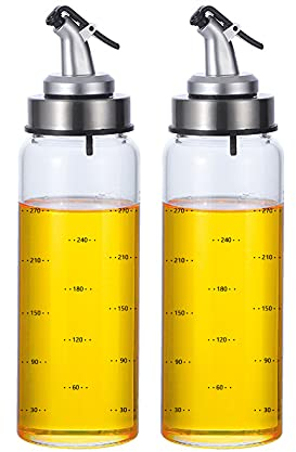 MHTECH Bottiglia per olio e aceto da 300 ml, corpo della bottiglia in vetro con scala, uscita dell'olio con funzione di apertura e chiusura automatica (300 ml + 2 pezzi)