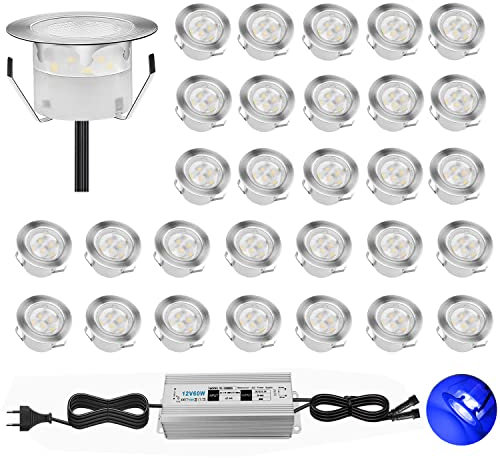 CHNXU 30er Set Terrassen Einbaustrahler LED Bodeneinbauleuchten, Blau Terrassenbeleuchtung Ø45mm 1W Boden Licht IP67 Wasserdicht Außenleuchten für Garten Gehweg Küche Balkon Treppen Holzdeck