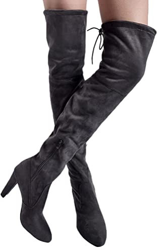 shownicer Donna Stivali Moda Sexy Casual Elegante Invernali con Tacco Alti sopra Il Ginocchio Tacchi Alti Inverno Scamosciato Boots con Chiusura Lampo Laterale Grigio 38 EU