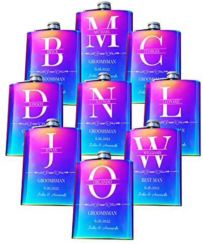 Lot de 9 flasques personnalisées en acier inoxydable pour enterrement de vie de jeune fille, cadeau de garçon d'honneur pour mariage, 236,8 g, arc-en-ciel