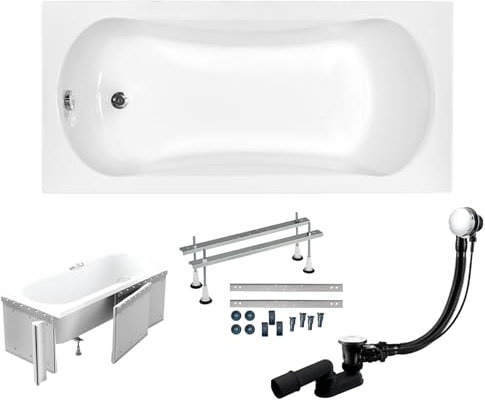 Baignoire rectangulaire BADLAND ARIA 130 x 70 cm - Kit complet avec revêtement en polystyrène de qualité supérieure + pieds et bonde automatique chromée exclusive - Fabriqué en UE - 4 en 1