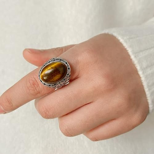 XJruixi Vintage Naturstein Ring Oval Tigerauge Lapislazuli Stein Ring Boho offener Gelenkring verstellbar Damen Herren Schmuck Accessoire