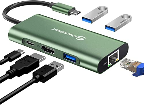UtechSmart USB C Hub, 6-in-1 USB-C-auf-HDMI-Adapter mit 1000 m Ethernet, Power Delivery PD-Typ-C-Ladeanschluss, 3 USB-3.0-Anschlüsse, kompatibel mit MacBook Pro, Chromebook und USB-C-Geräten (grün)