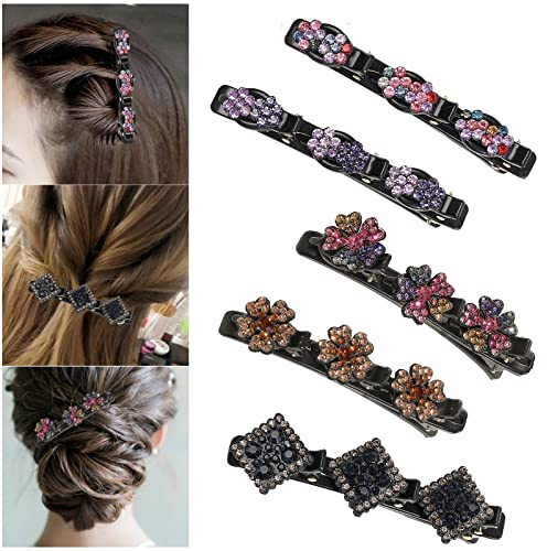 Kolibri Haarspange mit Kristallblume 5 stück Geflochtene Haarspange mit Strasssteinen für Damen Frauen Mädchen Satin Stoff Haarspangen Entenschnabel Haarclips Doppelschicht Haarklammer