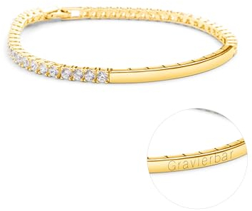 Amoonic Damen Armband Gold mit Gravur | Tennisarmband mit Zirkoniasteinen | Personalisierte Armkette für Frauen als Geschenk für Mutter Tochter Freundin