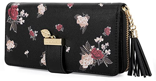 Damen Geldbörse Portmonee aus Kunstleder, RFID groß Portemonnaie geblümte Brieftasche mit 12 Kartenfächer und Münzfach (Pfingstrose Schwarz)