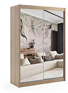 ALTDECOR Kleiderschrank mit Spiegel und Schiebetüren, kugelgelagerte Führungsschienen und Aluminium-Leisten, LED-Beleuchtung (weiß + 16 Farben) und Fernbedienung - DEBI - 120 cm Sonoma