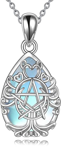 YFN Halskette mit dreifacher Mondgöttin, Sterlingsilber, Pentagramm, Pentagramm, Mondstein, Anhänger, Halskette, heidnischer Wicca-Magie-Amulett, Baum des Lebens, Schmuck