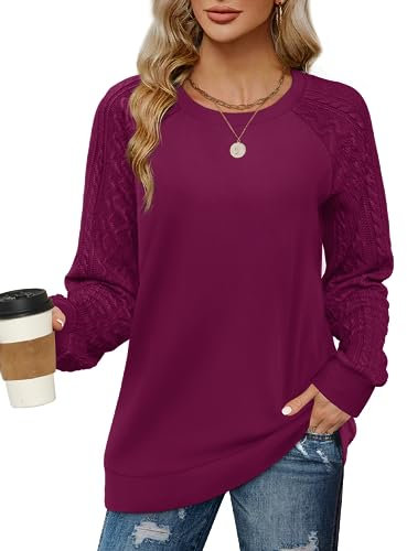Aokosor Ladies Jumpers Cable Knit Sweatshirts for Women Lightweight Long Sleeve Tops Fuchsia Size 6-8