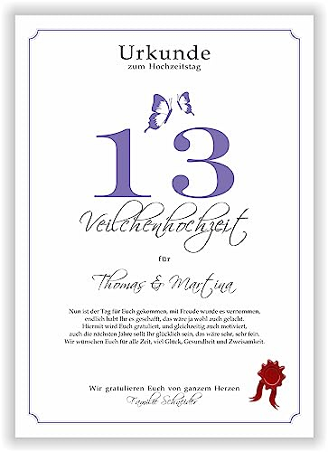 Geschenk zum 13. Hochzeitstag Veilchen Hochzeit Urkunde dreizehnter Hochzeitstag Ehejubiläum persönliche Geschenkidee Paar Veilchenhochzeit Deko Jahrestag personalisiert mit Namen