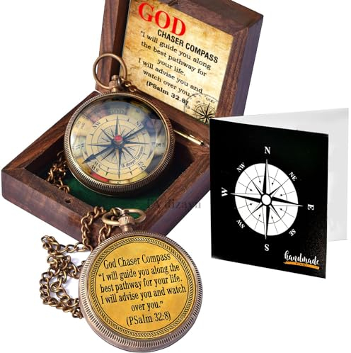 Christlicher Messing-Kompass (Psalm 32:8) mit Displaybox – Gravierter Gebetskompass für Männer & Frauen – Taufe, Konfirmation, Kommunion & Abschlussgeschenk