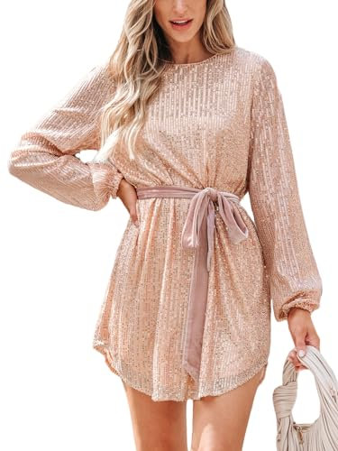 CUPSHE Women's Mini Party Dress Scoop Neck Long Sleeve Self Tied Belt Sequin Fitted A-Line Tunic Dress Champagne L