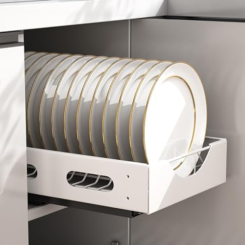 ZEEKOL Schwerlast Ausziehbarer Schrank-Organizer mit Klebefolie, für Küchen Teller Lagerung und Schrankorganisation, Weiß 38.5 * 27.5 * 9cm