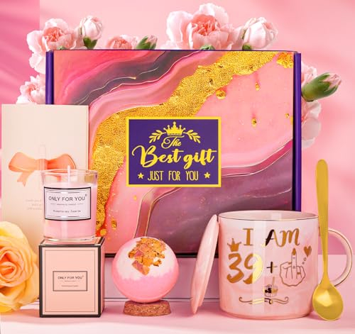 Biching 40 Geburtstag Frauen, Lustige Geschenke zum 40. Geburtstag Geschenkset für Mama, Ehefrau, Freundin, 400ml Kaffeetasse mit Golddruck, Rose Duftkerze, Rose Badebombe, Geschenkbox mit Grußkarte