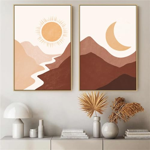 Viusneun 2er Premium Poster Set, Moderne Abstrakte Sonne und Mond Bilder Wanddeko, Boho Kunst Wandbilder Wohnzimmer Schlafzimmer, OHNE Rahmen (30x40cm)