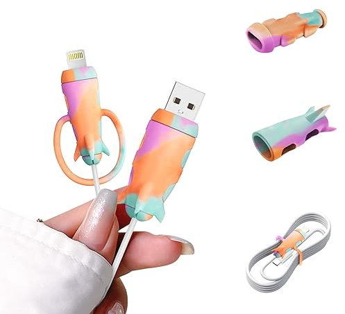 Cute 2 in 1 Cable Protector Cover for iPhone Android USB Type-C Charger,2 PCS Silicone Stretchable Charging Cable Saver Bundled Cable Organizer Cord Case- Orange Green