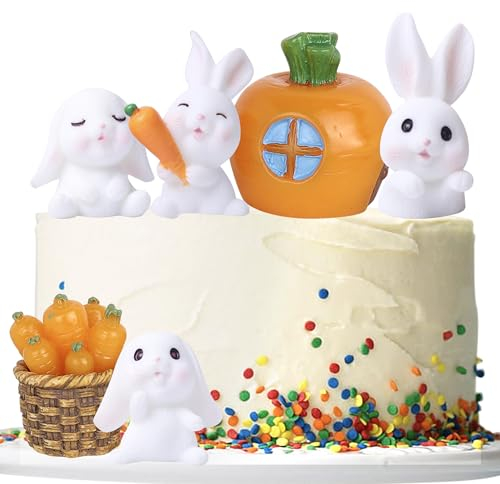 7 PCS Happy Easter Day Cake Toppers Bunny Miniature Resin Figurines Rabbit Carrot House Cake Picks Happy Easter Rabbit Baby Shower Kids Birthday Cake Decorations Party Supplies