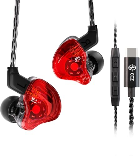 Yinyoo CCZ Melody USB-C In-Ear-Monitors Hybrid 1BA 1DD HiFi Earphone, Deep Bass Lightweight In-Ear Earphone IEM with 4N OFC Cable for Musician/Drummer/Bassist (Red, with mic TYPE-C)