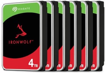 Seagate 6er-Pack IronWolf 4TB interne Festplatte, NAS HDD, 3.5 Zoll, 5400 U/Min, CMR, 256 MB Cache, SATA 6GB/s, Silber, inkl. 3 Jahre Rescue Service, FFP, Modellnr.: ST4000VN006