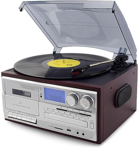 Tocadiscos 9 en 1, Tocadiscos Vintage Bluetooth de 3 Velocidades, con Altavoces Integrados, Reproductor de CD, Conexión Bluetooth, para Entretenimiento