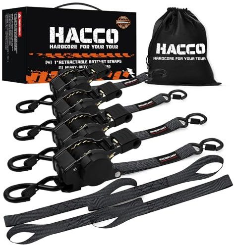 Haccoplanet Lot de 4 sangles à cliquet rétractables – Résistance à la rupture de 799,7 kg – Sangles à cliquet rétractables – Sangle à cliquet contrôlée améliorée – Pour remorque, moto, VTT – 3 m