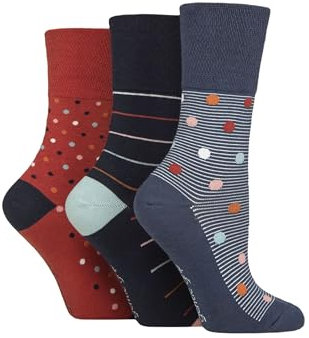 SockShop Gentle Grip Ladies Floral Spotted Patterned and Striped Honeycomb Top Cotton Socks in a Multipack of 3 Assorted Colours Size 4-8 Heritage Spot/Stripe Blue