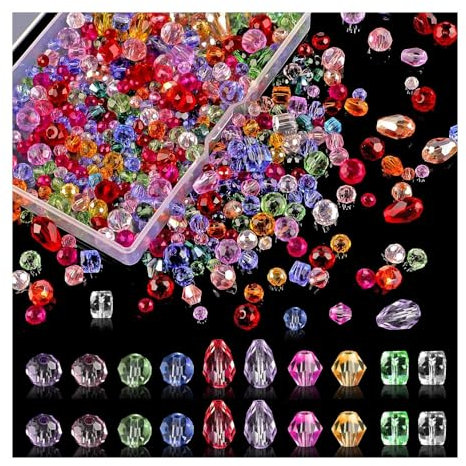 Bieiyhe 800 Pièces Perles en Verre à Facettes 4/6/8 Mm,Perles de Verre Cristal,Perles de Cristal de Couleur,Perles en Verre Transparent,Perles de Cristal Artisanat pour Bracelet Fabrication-Couleur