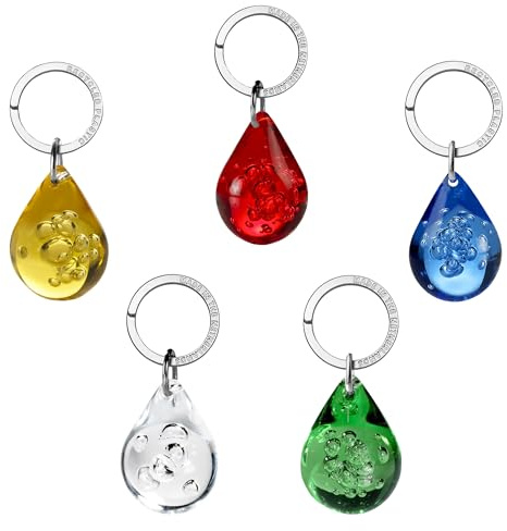 Djois - Passender Schlüsselanhänger – Tropfenform – flache Chromringe – 5 Schlüsselanhänger – recycelter Acryl-Kunststoff – Blau, Grün, Gold, Rot, Kristall – hergestellt in den Niederlanden, Sortiert,