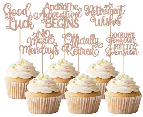 SYKYCTCY 36 Pack Retirement Cupcake Toppers Glitter officially retired Cupcake Picks And So The Adventure Begins Good Luck Cake Decorations for Retirement Theme Birthday Party Supllies Rosegold