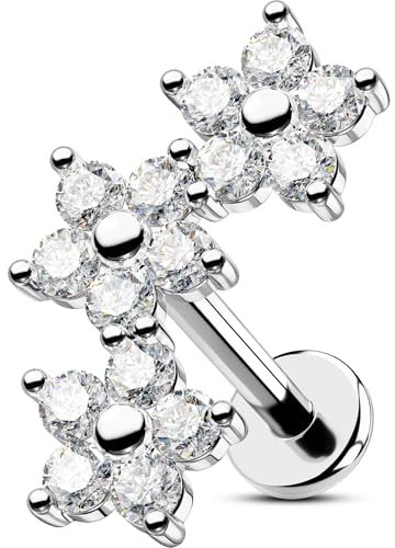 OUFER 16G Flower Helix Piercing Internally Threaded Conch Jewellery Stainless Steel 316L Cartilage Earring 6 mm Clear CZ Tragus Stud for Women Flat Back Earring