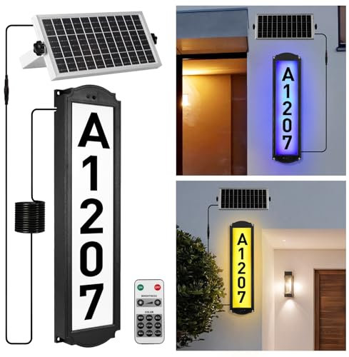 Solar Hausnummernleuchte, RGB Solar Beleuchtete Hausnummer mit Fernbedienung, IP65 Wasserdicht Hausnummer Solar mit Buchstaben & Nummern, Wandmontierte DIY Hausschild Lampe für Außenbereich