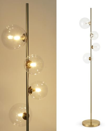 Alpinaluz Lámpara de Pie Moderna con 4 Esferas de Cristal Transparente – Estructura de Acero Dorado Efecto Latón – Casquillos G9 – Altura 159 cm – Diseño Vertical Elegante para Salón Dormitorio Lectur