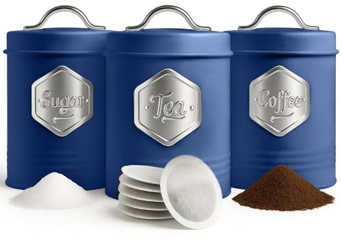HEFTMAN Blue Tea Coffee Sugar Canisters - Stylish 3 Piece Canisters Sets for the Kitchen, Sugar Coffee Tea Storage Set with Airtight, Labelled Containers (3 PCS, Blue/Silver)