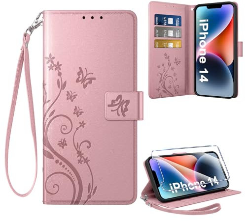 Coiwxmoi Cover per iPhone 14 + 1 Vetro Temperato, Retro Design Premium in Pelle PU Portafoglio Custodia Slot per Schede Flip Cover per iPhone 14, Oro Rosa