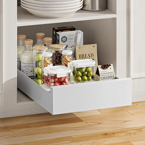 Warmiehomy Pull Out Cabinet Organiser 30cm Width Slide Out Drawer Storage Extendable Sliding Shelves for Kitchen Cupboard, Pantry, Bathroom, White Sliding Drawer No Need Drill, 30x43x8cm