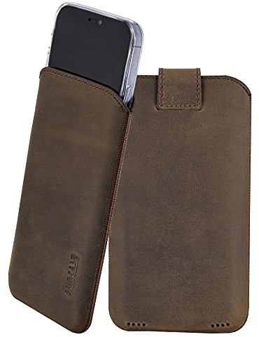 Suncase Leder Tasche mit ZUSÄTZLICHER Hülle Case Handytasche mit Rückzugsfunktion und Magnetverschluss in antik-braun kompatibel mit iPhone 17