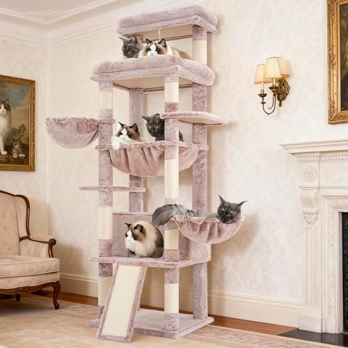 Hey-brother Kratzbaum Turm mit extra großer Plattform und Korb, MPJ080MU- | 182,1 cm Kratzbaum mit Spezious Condo, 2 gemütliche Hängematten, Kratzbrett für Indoor Erwachsene Katzen, Maine Coon Muchroom