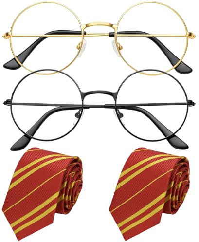 Runde Brille Ohne Stärke, 4-teiliges Set mit 2 roten Krawatten und 2 runden Brillen, schwarzer und goldener Rahmen, für Kostüme und modische Accessoires