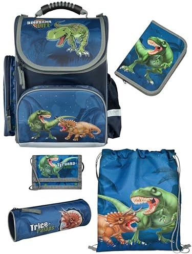 Familando - Schulranzen Set CLOU - 5-teilig mit Federmappe - Dinosaurier - Ergonomisch, Stabil & mit gepolstertem Rücken - 930g leicht - 15L Volumen - Mit Reflektoren - Für Grundschule ab 1. Klasse