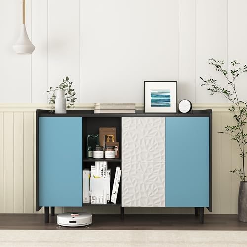 Sideboard Anrichte 120 cm Schwarz Blau Kommode mit 2 Auszügen 2 Lagerfächern Paneel-Styling Aufbewahrungsschrank in Holzwerkstoff Schrank für Speisekammer Diele Flur