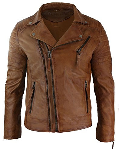 Giacca da uomo 100% in vera pelle, stile Retrò, Vintage, Design biker Marrone legno XL