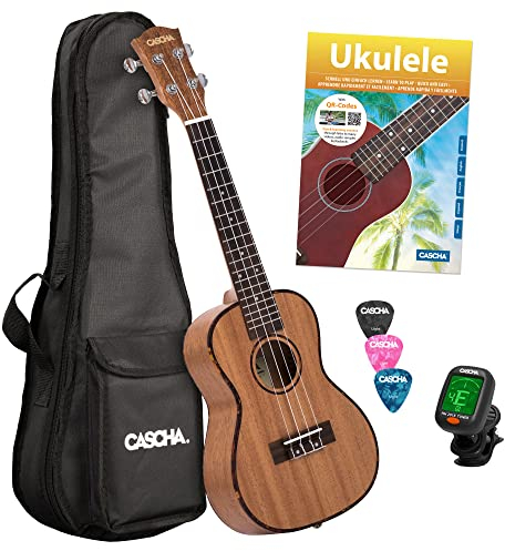 Cascha Konzert Ukulele Set Kinder Erwachsene I Ukulele Starter Kit 3 Plektren Tasche deutsches Lehrbuch Stimmgerät I Konzert Ukulele Mahagoni I Kleine Hawaii Gitarre für Anfänger Fortgeschrittene