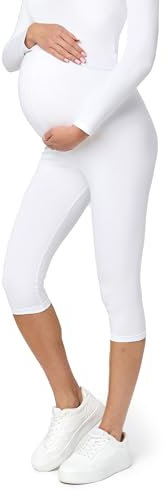 Be Mammy Leggings de maternité en Coton 3/4 Courts Confortables et Opaques 3/4 Pantacourt Pantalon Grossesse Maternité BE20-229 (Blanc XXL)
