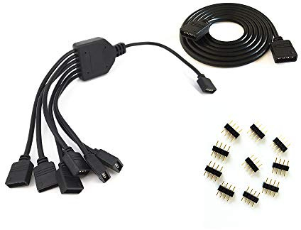 4 Pins Black RGB LED Splitter Cable LED Strip Connector 6 Way Splitter Y Splitter for One to six RGB 5050 3528 LED Light Strips with,1m RGB Wire，10x Male 4 Pin Plugs