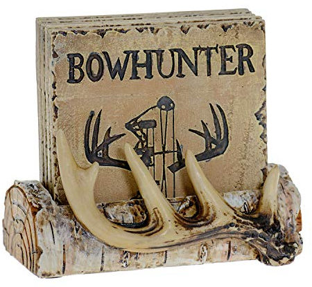 Pine Ridge Home Antler Holz-Untersetzer-Set mit Halter, Schleifenjäger Country saugfähiger Untersetzer Dekor, Hüttenhütte Heimdekoration für Jäger Männer, Männerhöhle rustikale Holzdekoration Akzent