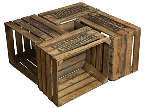 Kistenkolli Altes Land 4er Set alte geflammte Weinkisten TS Obstkisten Dekoration Couchtisch Apfelkisten Holzkisten (4er set gebraucht geflammt mit Aufschrift TS)